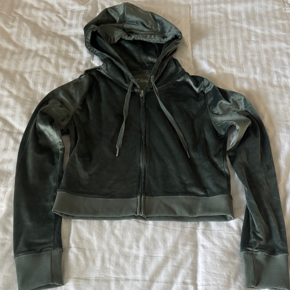 Aerie Olive Green Crop Velvet Hoodie